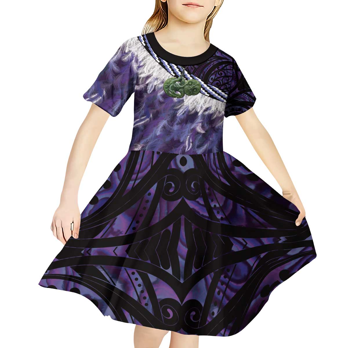Purple Traditional Cloak Aotearoa Kid Short Sleeve Dress Maori Paua Shell Korowai Pattern