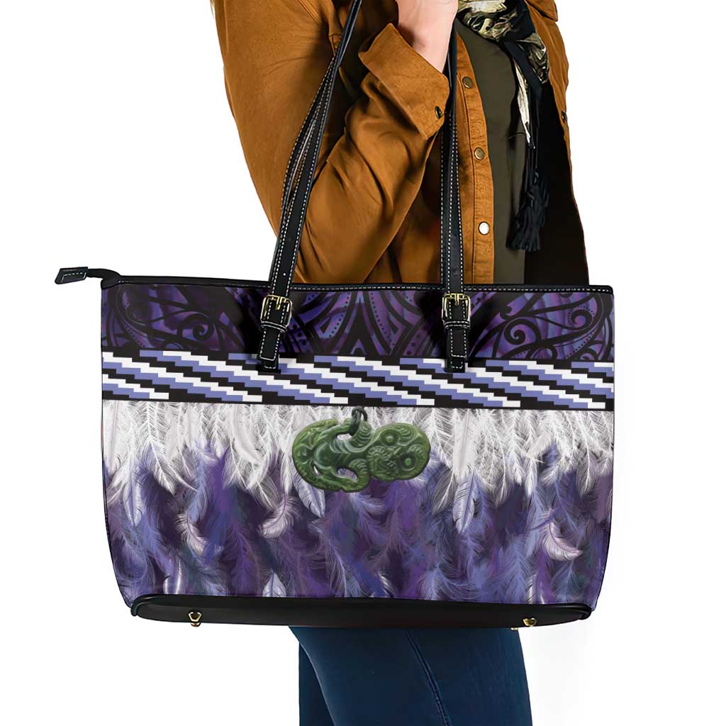 Purple Traditional Cloak Aotearoa Leather Tote Bag Maori Paua Shell Korowai Pattern