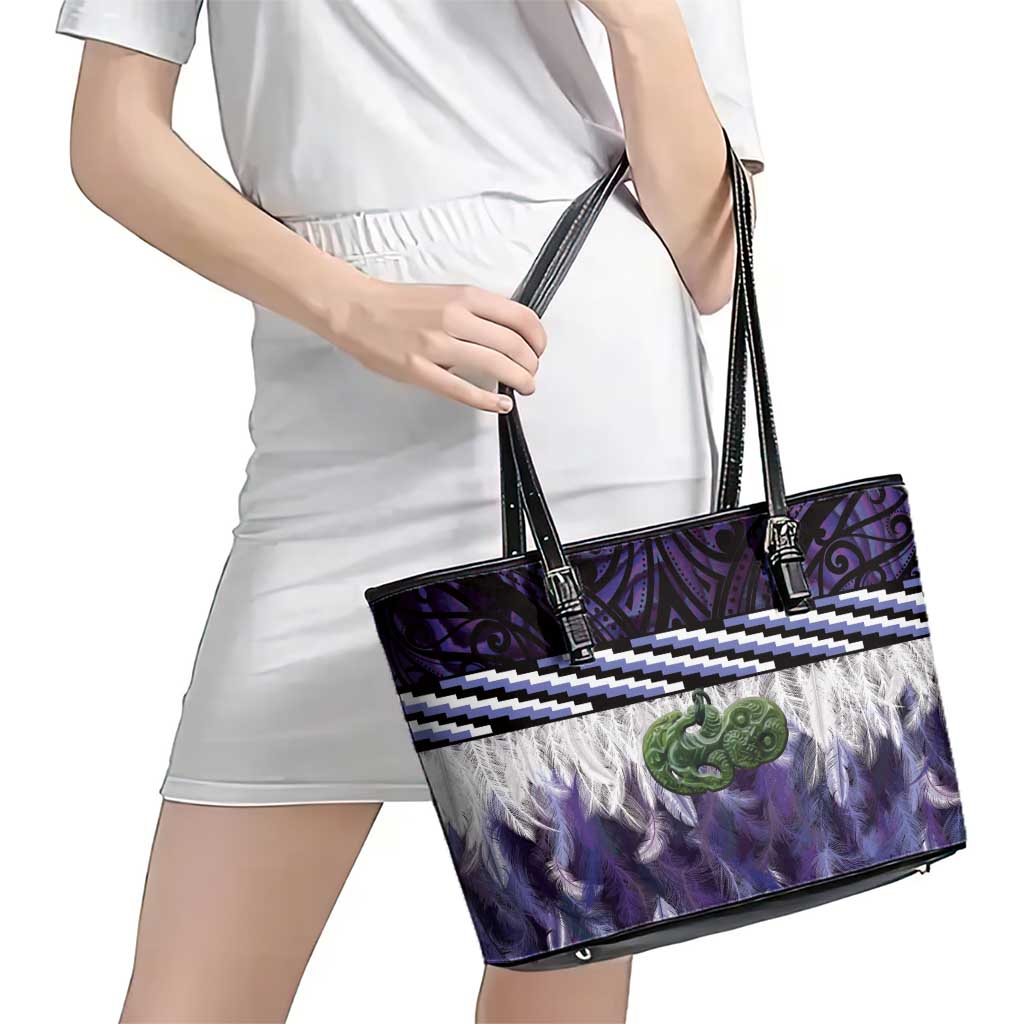 Purple Traditional Cloak Aotearoa Leather Tote Bag Maori Paua Shell Korowai Pattern