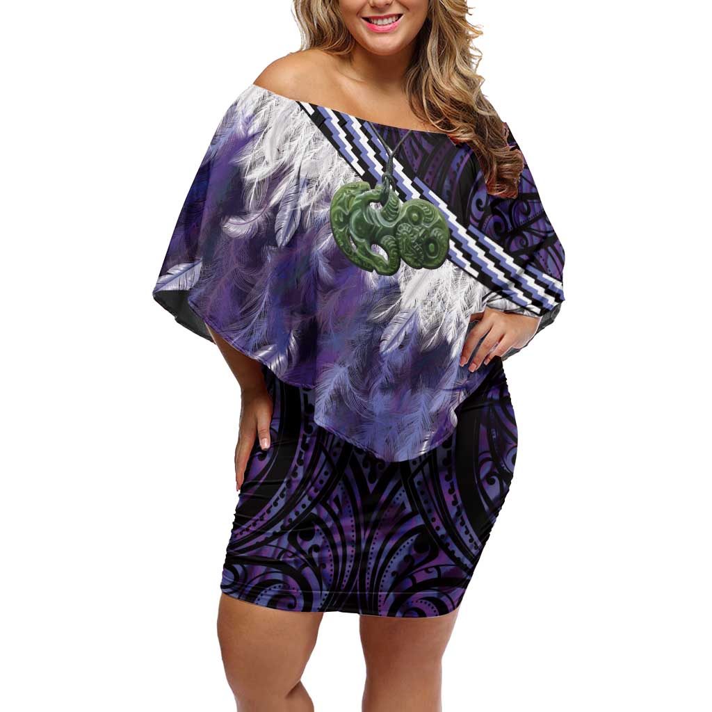Purple Traditional Cloak Aotearoa Off Shoulder Short Dress Maori Paua Shell Korowai Pattern