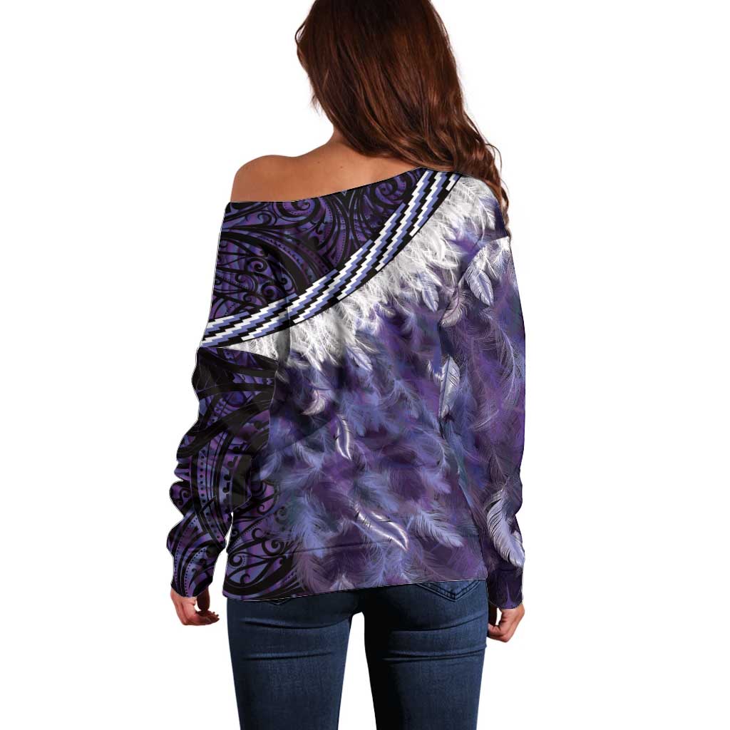 Purple Traditional Cloak Aotearoa Off Shoulder Sweater Maori Paua Shell Korowai Pattern