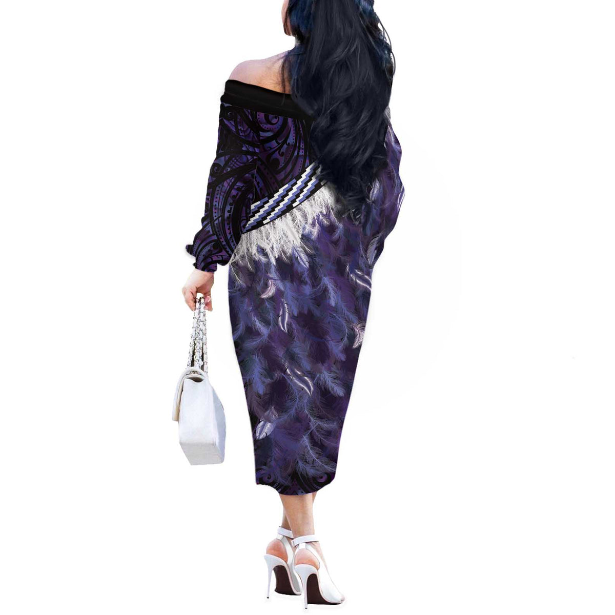 Purple Traditional Cloak Aotearoa Off The Shoulder Long Sleeve Dress Maori Paua Shell Korowai Pattern