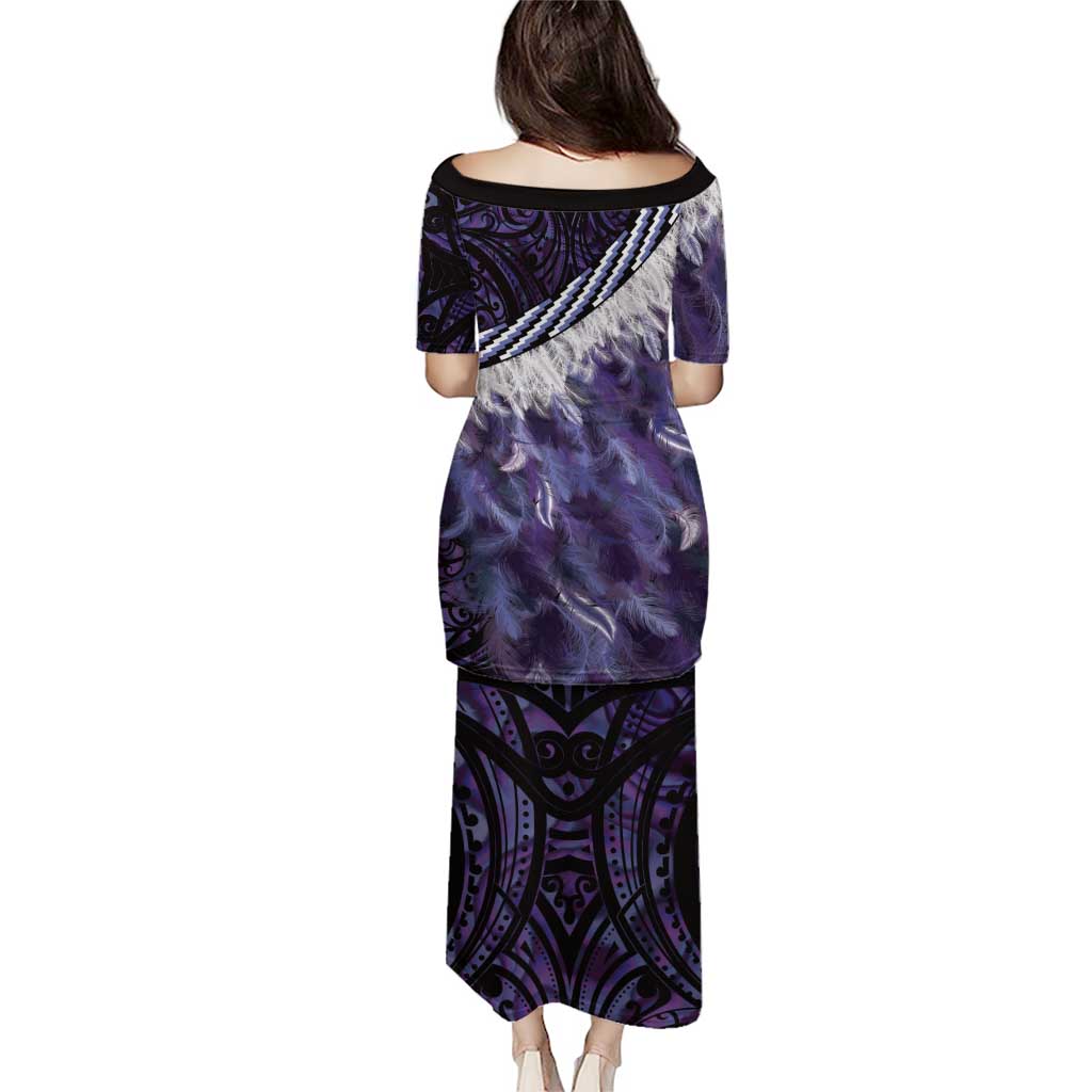 Purple Traditional Cloak Aotearoa Puletasi Maori Paua Shell Korowai Pattern