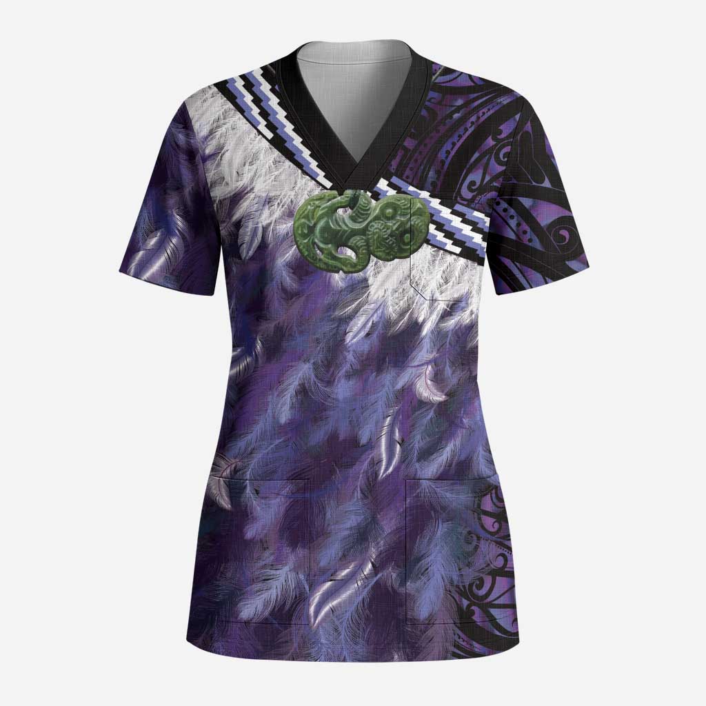 Purple Traditional Cloak Aotearoa Scrub Top Maori Paua Shell Korowai Pattern LT14 Adult Purple - Polynesian Pride