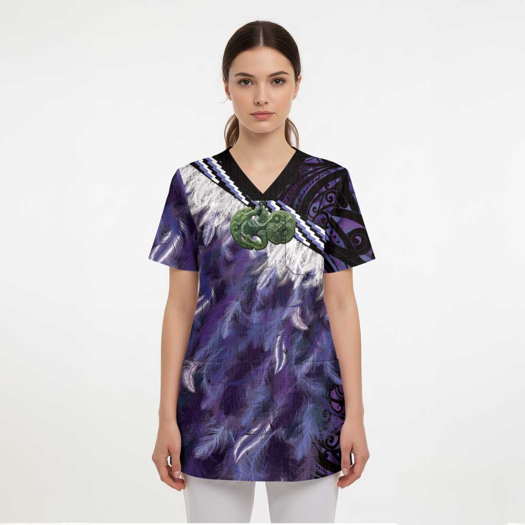 Purple Traditional Cloak Aotearoa Scrub Top Maori Paua Shell Korowai Pattern - Polynesian Pride