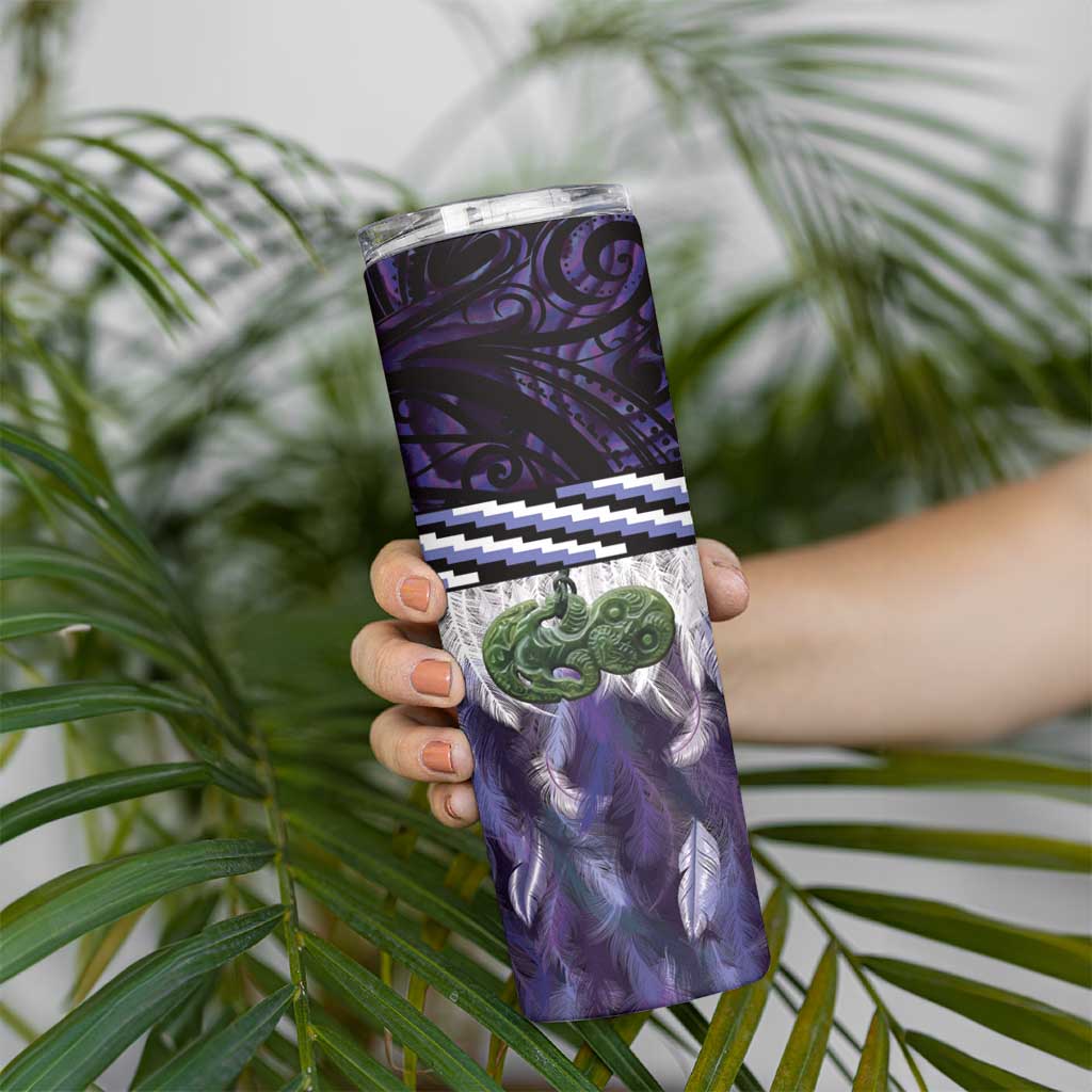 Purple Traditional Cloak Aotearoa Skinny Tumbler Maori Paua Shell Korowai Pattern