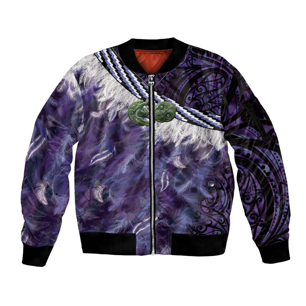 Purple Traditional Cloak Aotearoa Sleeve Zip Bomber Jacket Maori Paua Shell Korowai Pattern LT14 Unisex Purple - Polynesian Pride