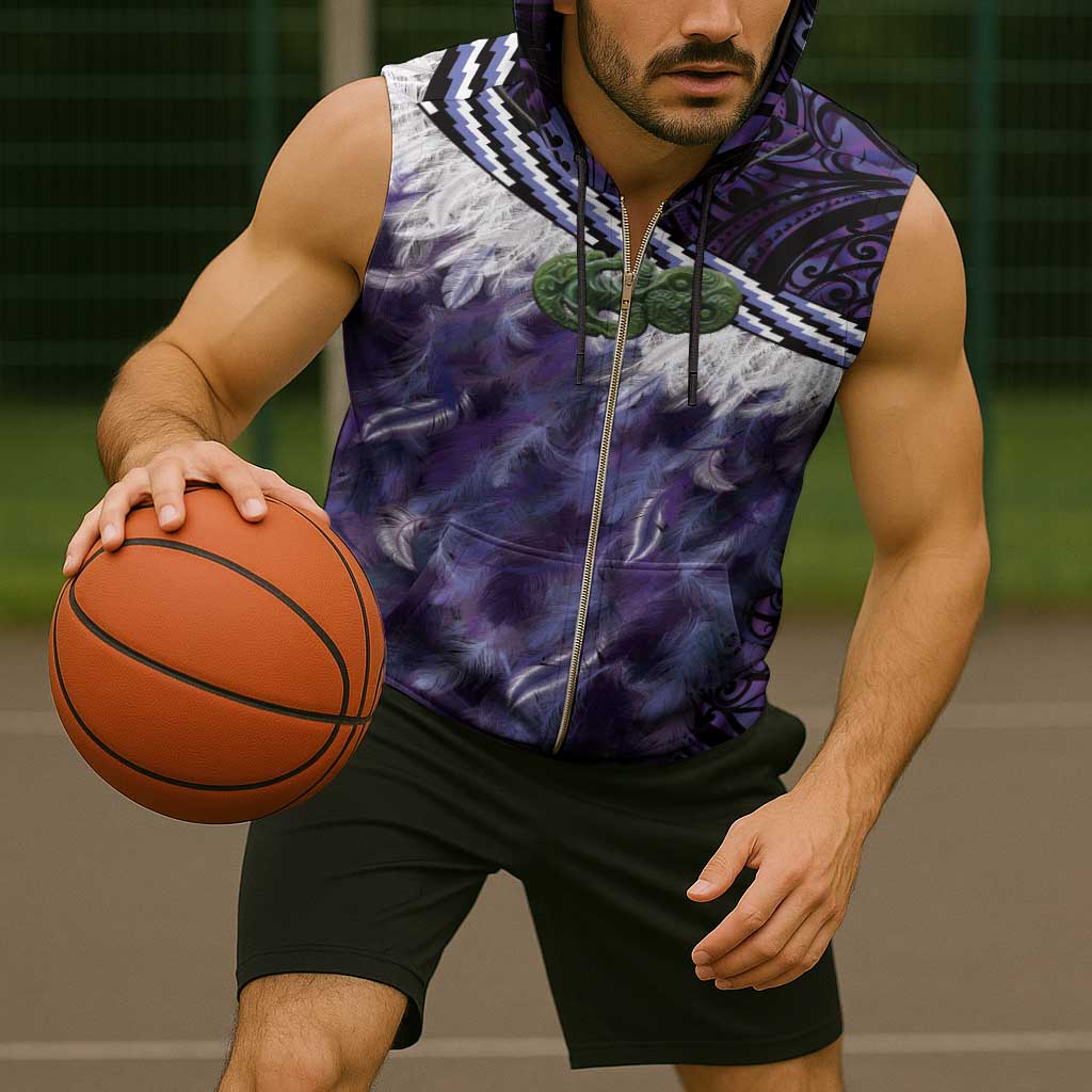 Purple Traditional Cloak Aotearoa Sleeveless Zip Hoodie Maori Paua Shell Korowai Pattern - Polynesian Pride