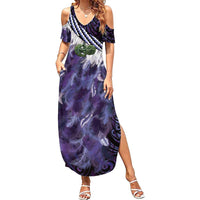 Purple Traditional Cloak Aotearoa Summer Maxi Dress Maori Paua Shell Korowai Pattern