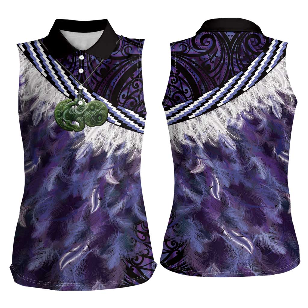 Purple Traditional Cloak Aotearoa Women Sleeveless Polo Shirt Maori Paua Shell Korowai Pattern