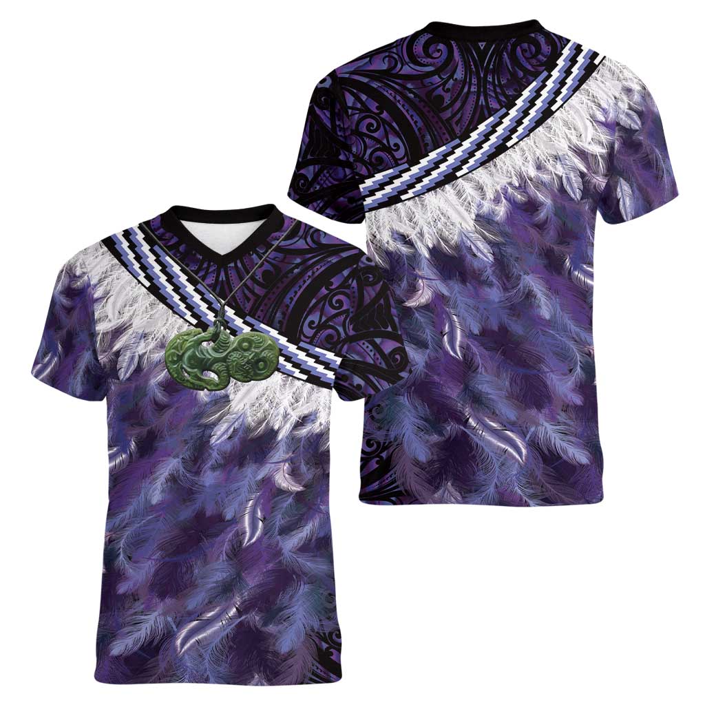 Purple Traditional Cloak Aotearoa Women V-Neck T-Shirt Maori Paua Shell Korowai Pattern