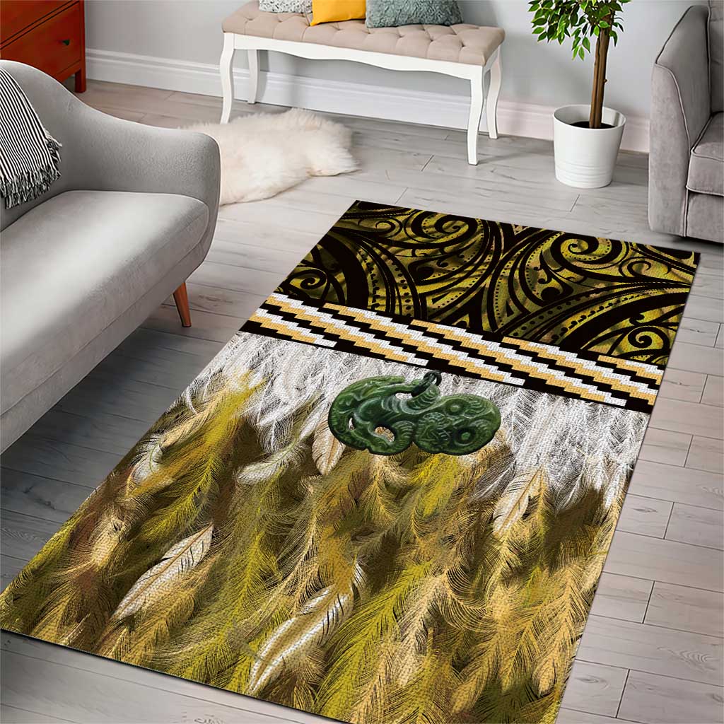 Yellow Traditional Cloak Aotearoa Area Rug Maori Paua Shell Korowai Pattern