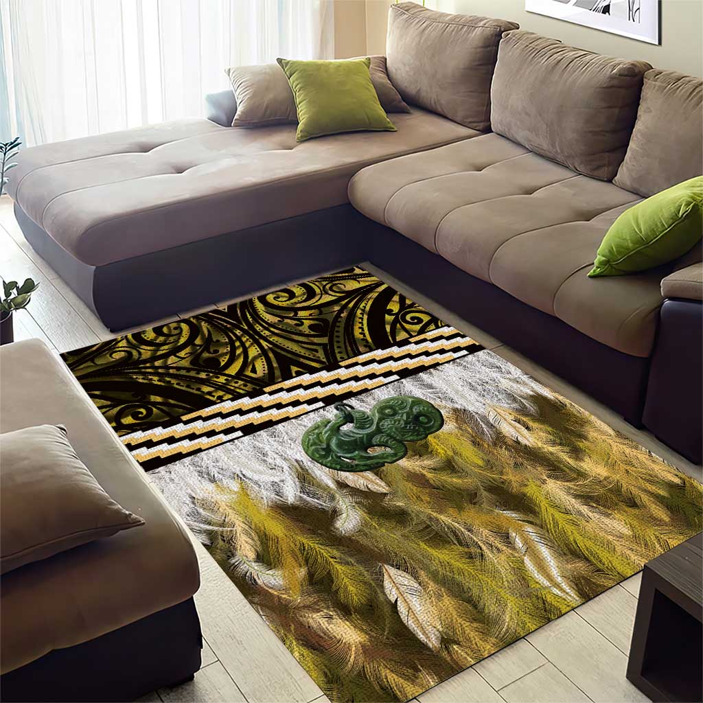 Yellow Traditional Cloak Aotearoa Area Rug Maori Paua Shell Korowai Pattern