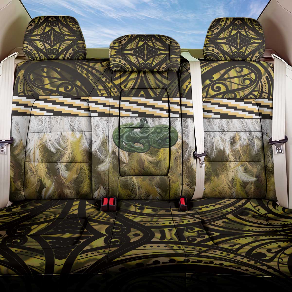 Yellow Traditional Cloak Aotearoa Back Car Seat Cover Maori Paua Shell Korowai Pattern