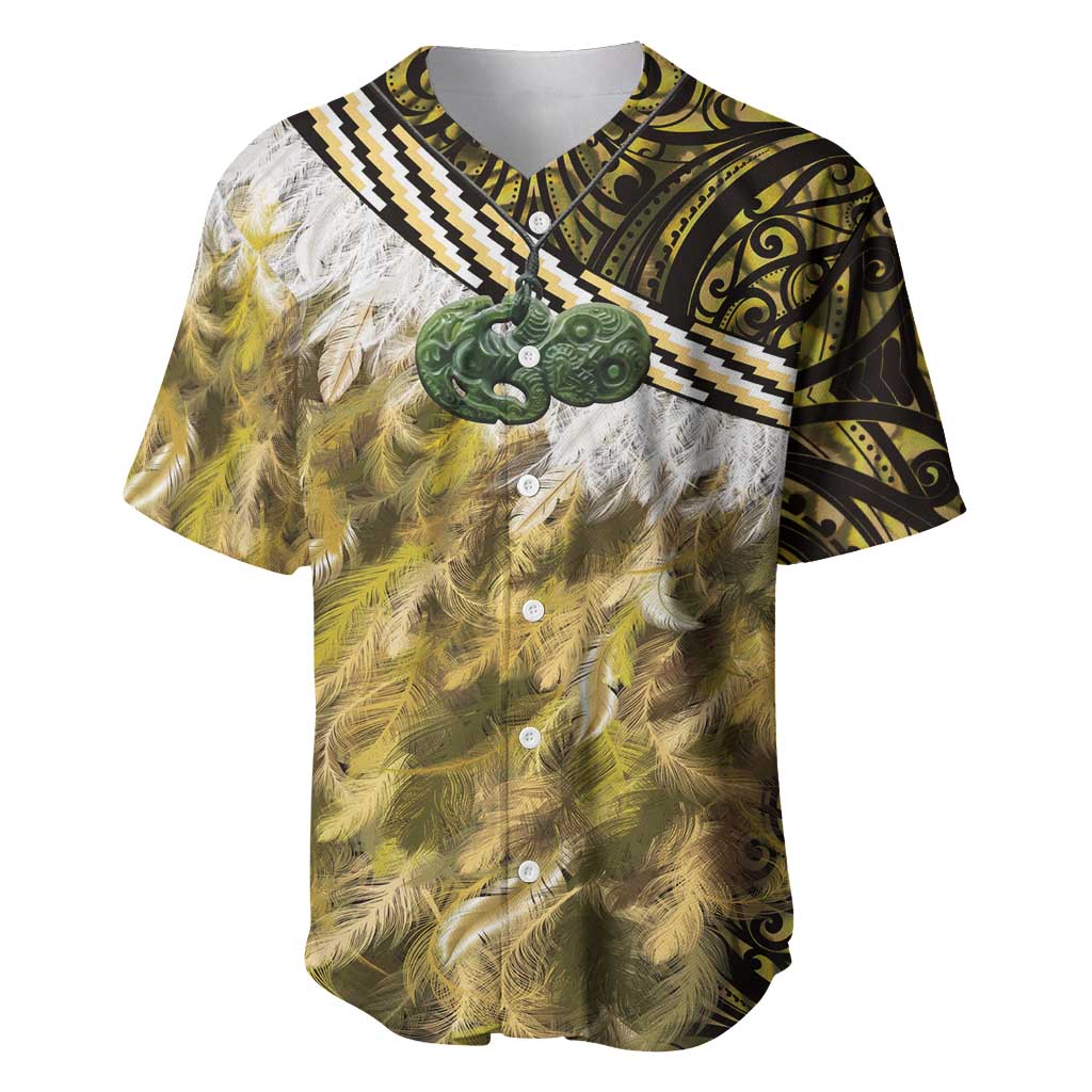 Yellow Traditional Cloak Aotearoa Baseball Jersey Maori Paua Shell Korowai Pattern