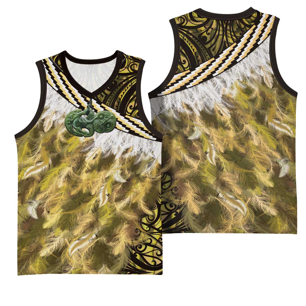 Yellow Traditional Cloak Aotearoa Basketball Jersey Maori Paua Shell Korowai Pattern LT14 - Polynesian Pride
