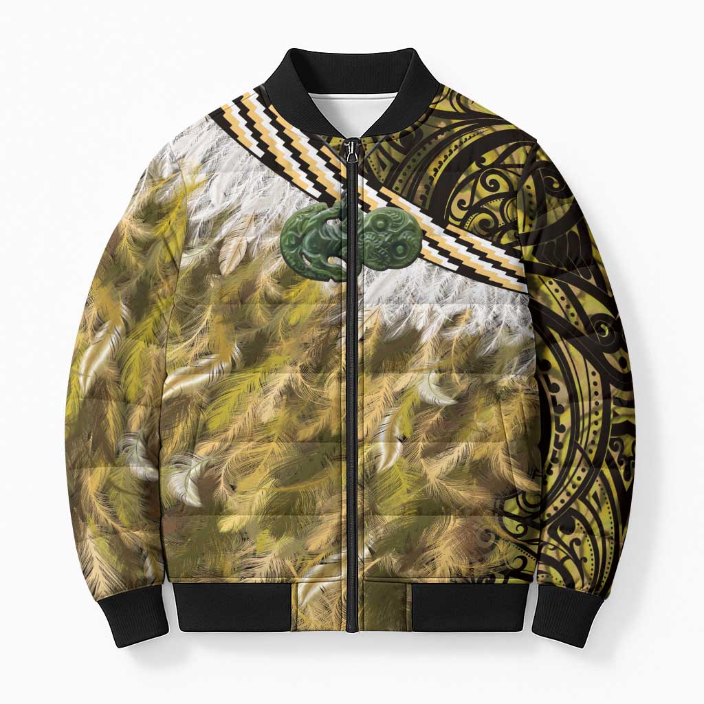 Yellow Traditional Cloak Aotearoa Bomber Puffer Jacket Maori Paua Shell Korowai Pattern LT14 Unisex Yellow - Polynesian Pride