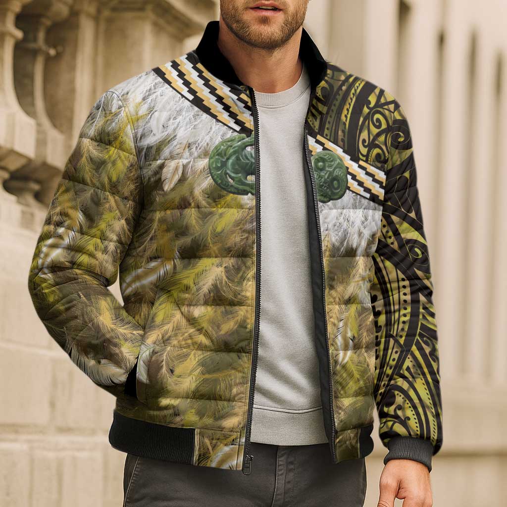 Yellow Traditional Cloak Aotearoa Bomber Puffer Jacket Maori Paua Shell Korowai Pattern LT14 - Polynesian Pride