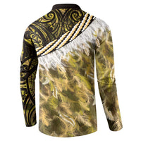 Yellow Traditional Cloak Aotearoa Button Sweatshirt Maori Paua Shell Korowai Pattern