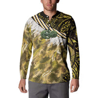 Yellow Traditional Cloak Aotearoa Button Sweatshirt Maori Paua Shell Korowai Pattern