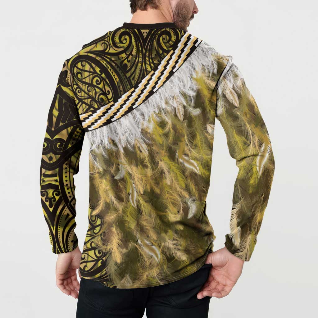 Yellow Traditional Cloak Aotearoa Button Sweatshirt Maori Paua Shell Korowai Pattern
