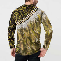 Yellow Traditional Cloak Aotearoa Button Sweatshirt Maori Paua Shell Korowai Pattern