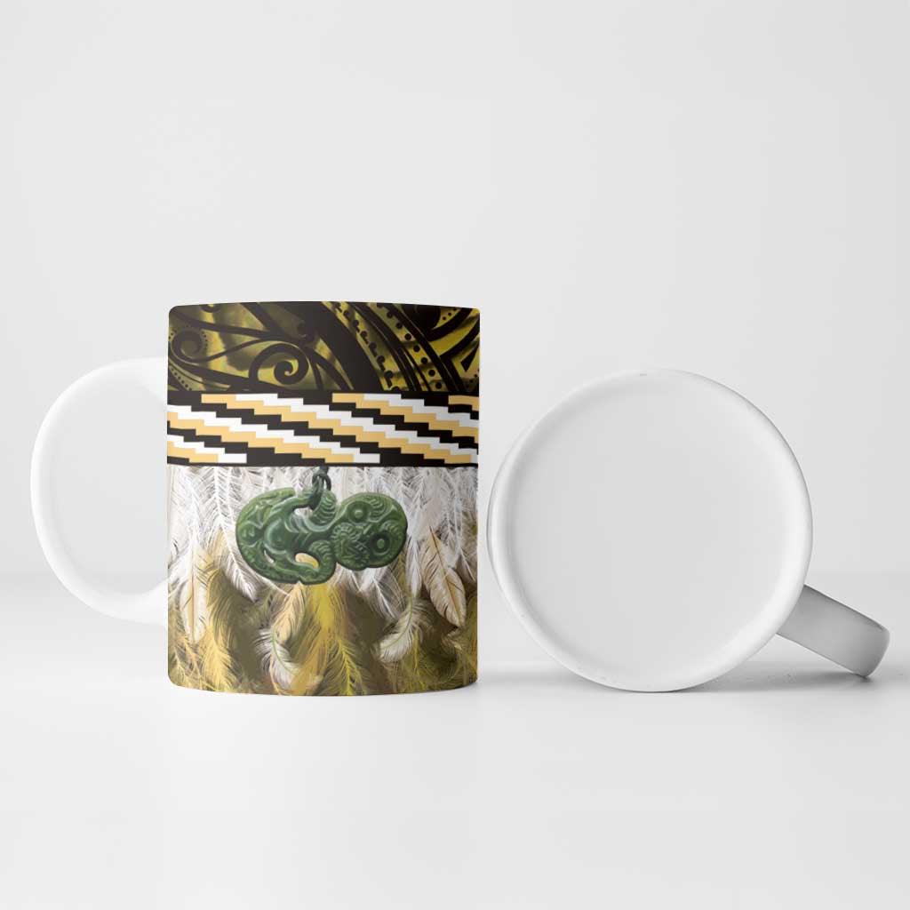 Yellow Traditional Cloak Aotearoa Ceramic Mug Maori Paua Shell Korowai Pattern - Polynesian Pride