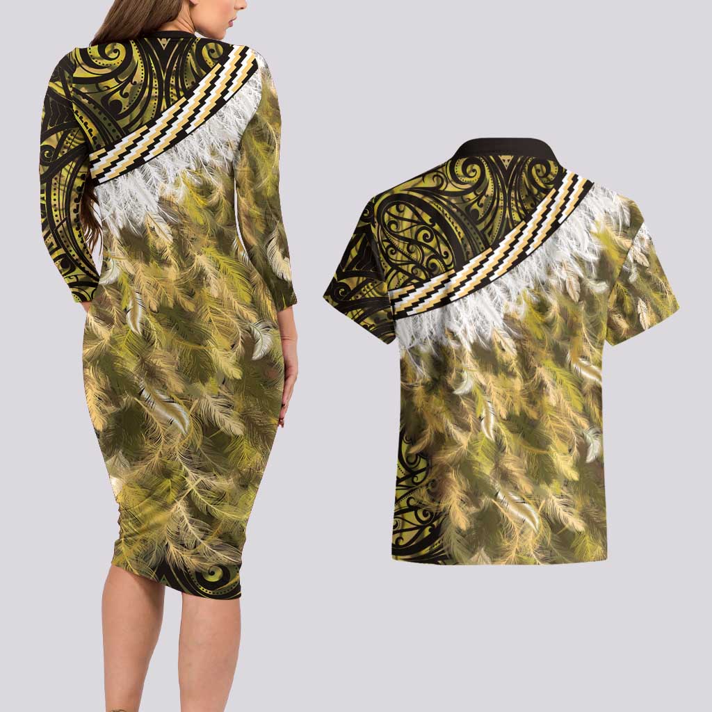 Yellow Traditional Cloak Aotearoa Couples Matching Long Sleeve Bodycon Dress and Hawaiian Shirt Maori Paua Shell Korowai Pattern