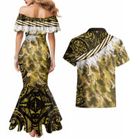 Yellow Traditional Cloak Aotearoa Couples Matching Mermaid Dress and Hawaiian Shirt Maori Paua Shell Korowai Pattern