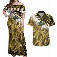 Yellow Traditional Cloak Aotearoa Couples Matching Off Shoulder Maxi Dress and Hawaiian Shirt Maori Paua Shell Korowai Pattern
