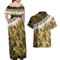 Yellow Traditional Cloak Aotearoa Couples Matching Off Shoulder Maxi Dress and Hawaiian Shirt Maori Paua Shell Korowai Pattern