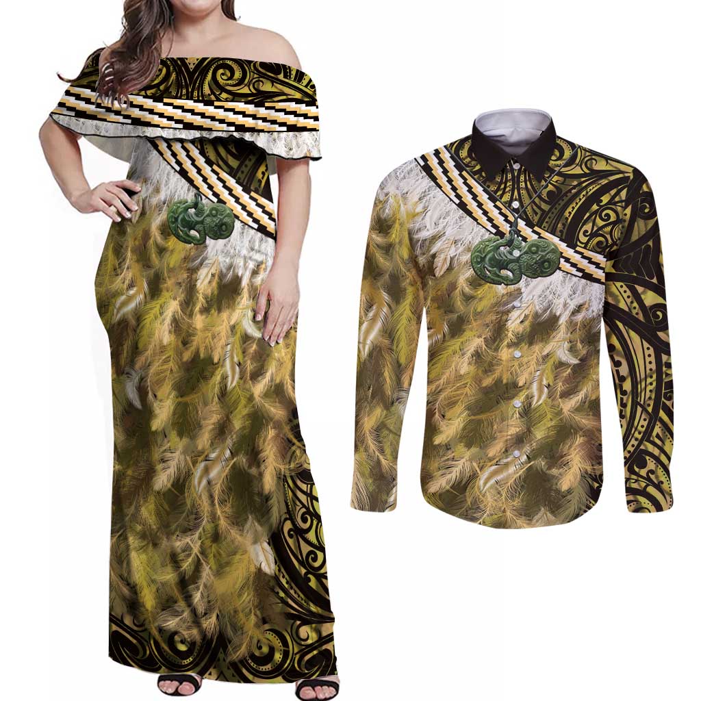 Yellow Traditional Cloak Aotearoa Couples Matching Off Shoulder Maxi Dress and Long Sleeve Button Shirt Maori Paua Shell Korowai Pattern LT14 Yellow - Polynesian Pride