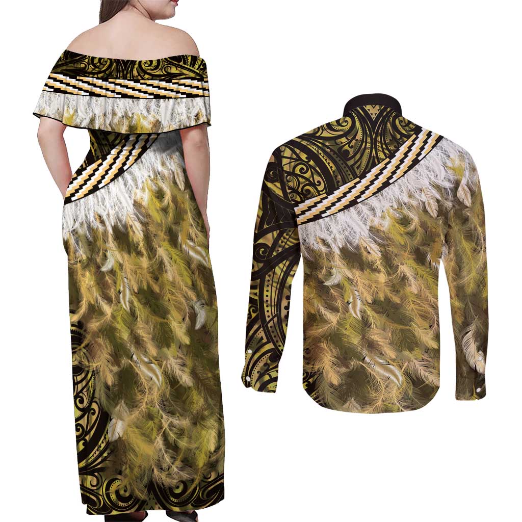 Yellow Traditional Cloak Aotearoa Couples Matching Off Shoulder Maxi Dress and Long Sleeve Button Shirt Maori Paua Shell Korowai Pattern LT14 - Polynesian Pride