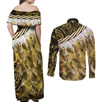 Yellow Traditional Cloak Aotearoa Couples Matching Off Shoulder Maxi Dress and Long Sleeve Button Shirt Maori Paua Shell Korowai Pattern LT14 - Polynesian Pride