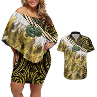 Yellow Traditional Cloak Aotearoa Couples Matching Off Shoulder Short Dress and Hawaiian Shirt Maori Paua Shell Korowai Pattern