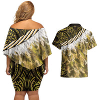 Yellow Traditional Cloak Aotearoa Couples Matching Off Shoulder Short Dress and Hawaiian Shirt Maori Paua Shell Korowai Pattern