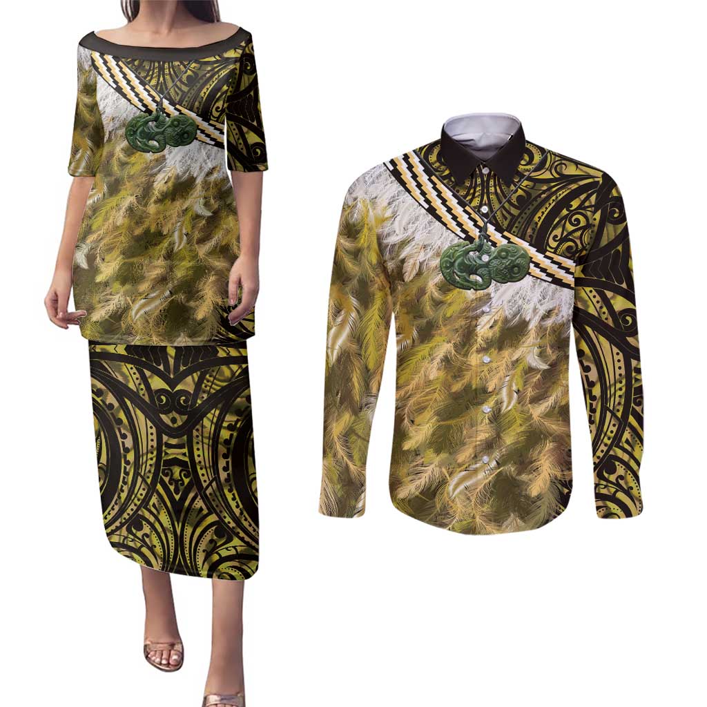 Yellow Traditional Cloak Aotearoa Couples Matching Puletasi and Long Sleeve Button Shirt Maori Paua Shell Korowai Pattern LT14 Yellow - Polynesian Pride