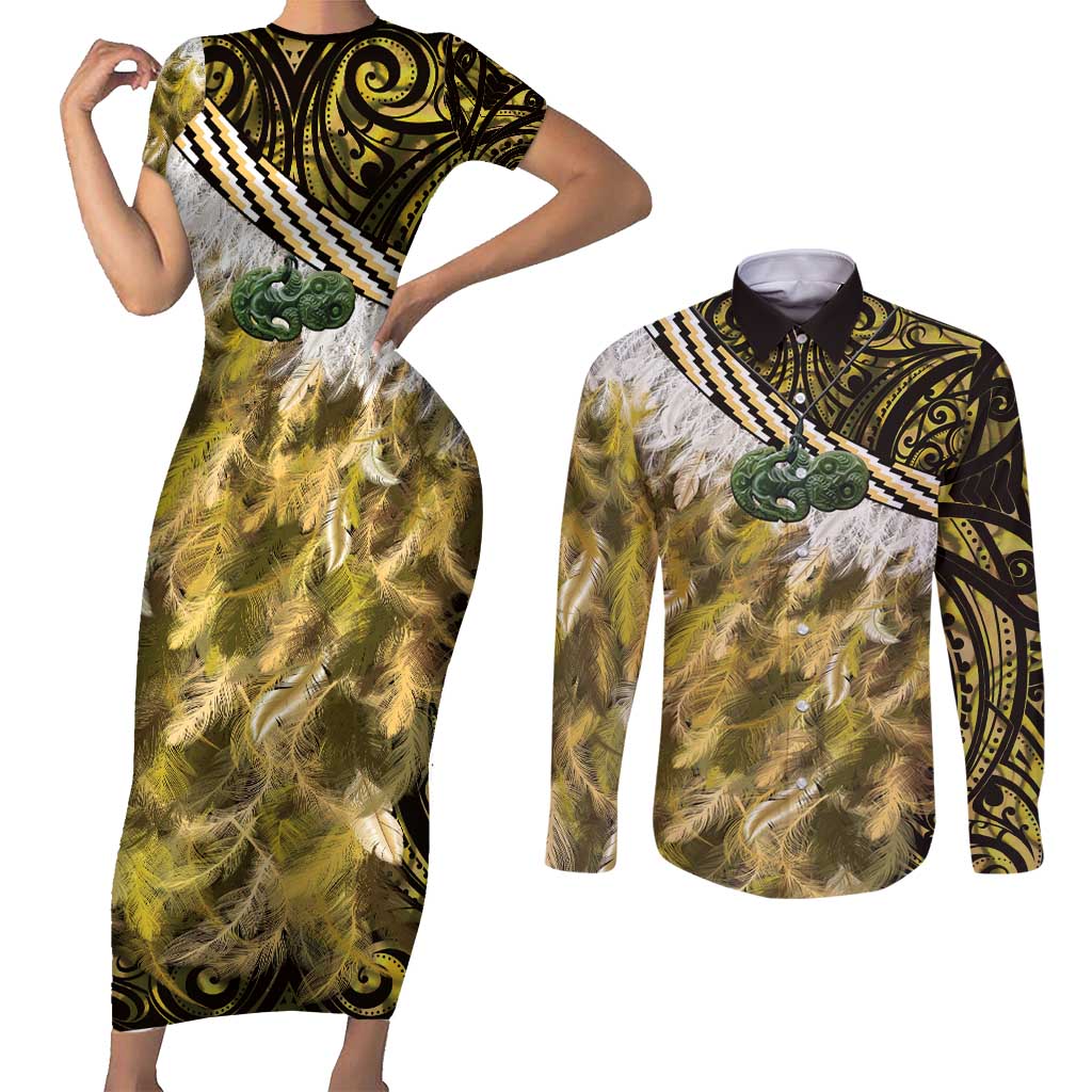 Yellow Traditional Cloak Aotearoa Couples Matching Short Sleeve Bodycon Dress and Long Sleeve Button Shirt Maori Paua Shell Korowai Pattern LT14 Yellow - Polynesian Pride