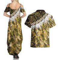 Yellow Traditional Cloak Aotearoa Couples Matching Summer Maxi Dress and Hawaiian Shirt Maori Paua Shell Korowai Pattern