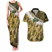 Yellow Traditional Cloak Aotearoa Couples Matching Tank Maxi Dress and Hawaiian Shirt Maori Paua Shell Korowai Pattern
