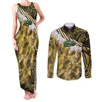 Yellow Traditional Cloak Aotearoa Couples Matching Tank Maxi Dress and Long Sleeve Button Shirt Maori Paua Shell Korowai Pattern