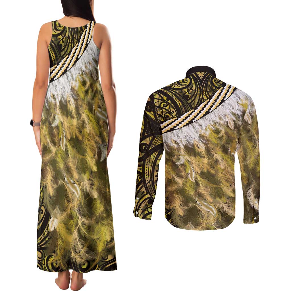 Yellow Traditional Cloak Aotearoa Couples Matching Tank Maxi Dress and Long Sleeve Button Shirt Maori Paua Shell Korowai Pattern