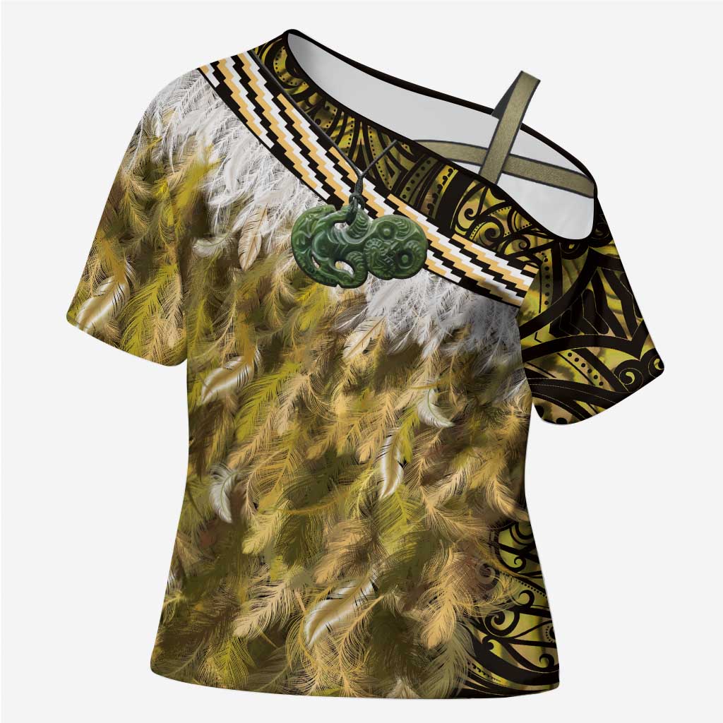 Yellow Traditional Cloak Aotearoa Cross Shoulder Shirt Maori Paua Shell Korowai Pattern LT14 Female Yellow - Polynesian Pride