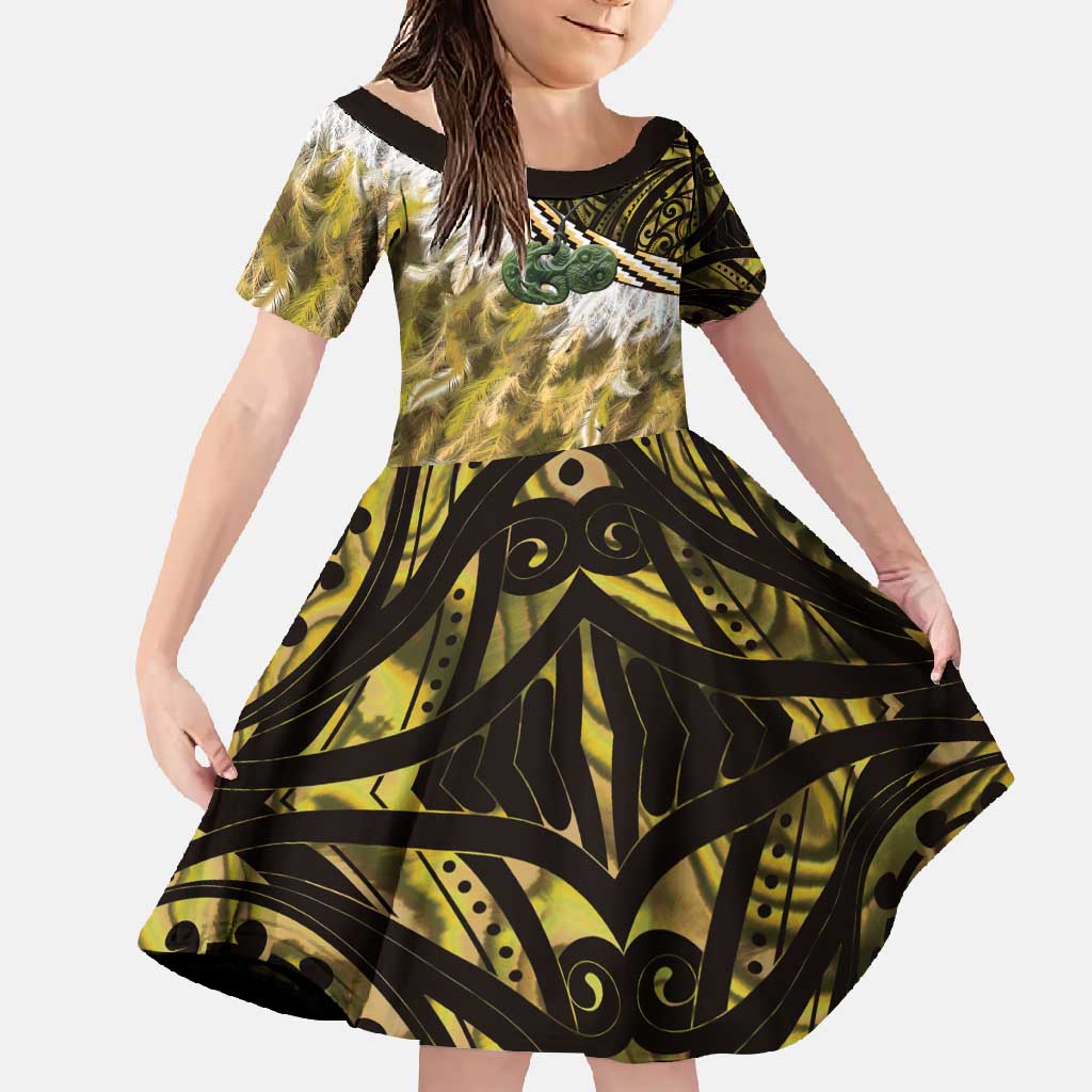 Yellow Traditional Cloak Aotearoa Family Matching Long Sleeve Bodycon Dress and Hawaiian Shirt Maori Paua Shell Korowai Pattern LT14 Daughter's Dress Yellow - Polynesian Pride