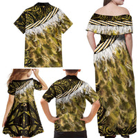 Yellow Traditional Cloak Aotearoa Family Matching Off Shoulder Maxi Dress and Hawaiian Shirt Maori Paua Shell Korowai Pattern