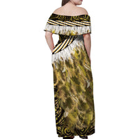 Yellow Traditional Cloak Aotearoa Family Matching Off Shoulder Maxi Dress and Hawaiian Shirt Maori Paua Shell Korowai Pattern