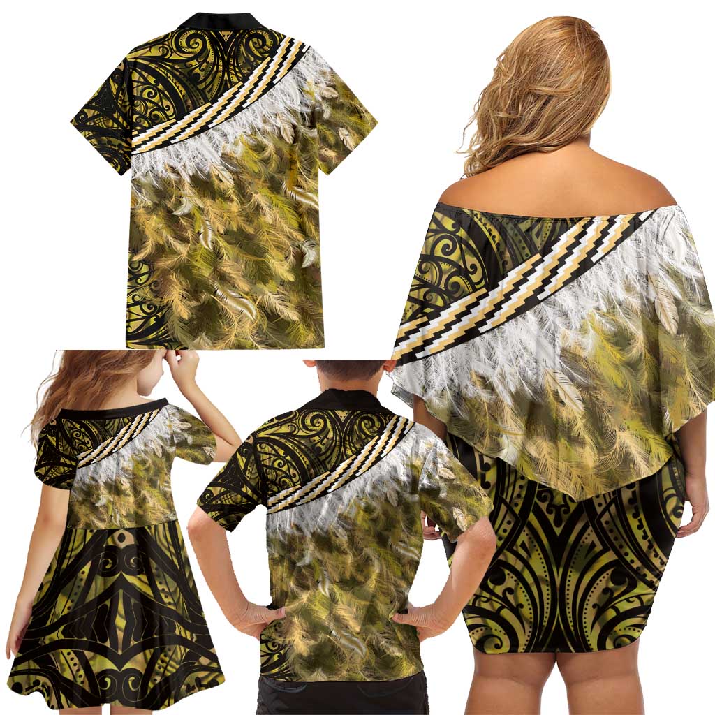 Yellow Traditional Cloak Aotearoa Family Matching Off Shoulder Short Dress and Hawaiian Shirt Maori Paua Shell Korowai Pattern
