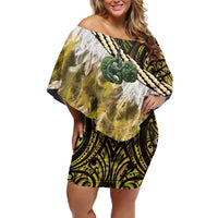 Yellow Traditional Cloak Aotearoa Family Matching Off Shoulder Short Dress and Hawaiian Shirt Maori Paua Shell Korowai Pattern