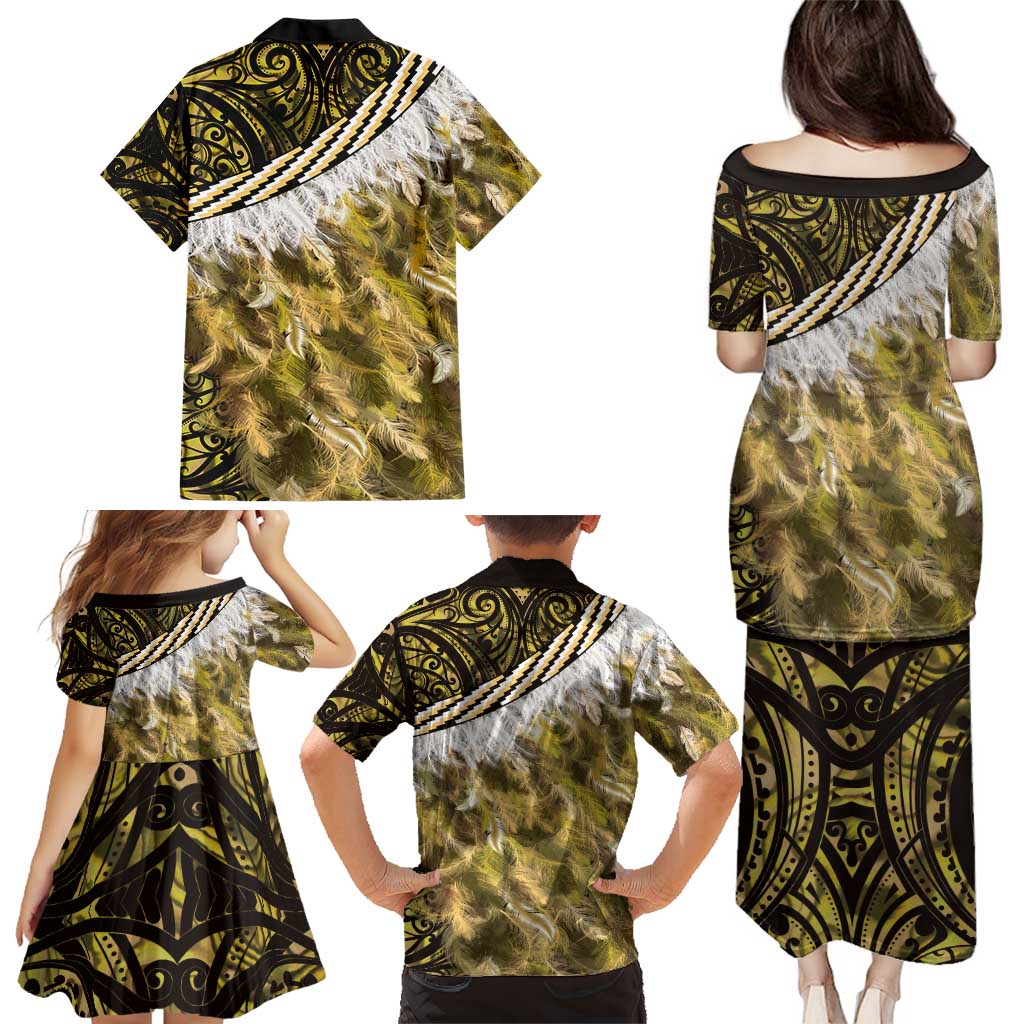 Yellow Traditional Cloak Aotearoa Family Matching Puletasi and Hawaiian Shirt Maori Paua Shell Korowai Pattern