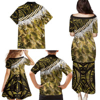 Yellow Traditional Cloak Aotearoa Family Matching Puletasi and Hawaiian Shirt Maori Paua Shell Korowai Pattern